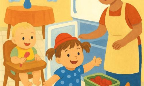 A joyful, proud 2-year-old girl with light brown hair in short pigtails, wearing a small hat and a blue polka-dot dress, reaches into the bottom of a slightly open white fridge to a cold container of berries; a gentle-smiling mother in her 30s with tied brown hair and a pale apron stands nearby with a hand on the door; a chubby happy baby boy (Leo), 6–9 months with fine blond hair, sits in a high chair holding a small pink spoon stained with berry juice; a curious ginger tabby cat (Nori) sits on the floor paw raised watching; bright, warm kitchen with light tiles, a wooden table and soft window light, tender and playful mood with berry stains and a triumphant little detective.