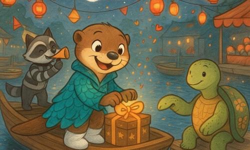 Milo, a joyful curious anthropomorphic otter with bright eyes and a mischievous smile, wears a shimmering teal ribbon-scaled coat and cloud-white boots, crouched on the bow of a small wooden boat tying a glowing decorative knot; Tilly, a calm kind-faced turtle with a floral-painted shell, stands on a dock plank beside the boat watching proudly with a foot on the edge; Patch, a playful raccoon in a striped jacket and dark mask, is on a neighboring boat blowing a paper trumpet and tossing confetti; Poppy, a chubby black-and-white penguin in a suit, smiles on a wooden bridge above the canal while sketching a music score; the scene is a lively twilight canal carnival with moonlit shimmering water, boats lined with paper lanterns and banners, candy stalls and floating confetti, warm festive atmosphere.