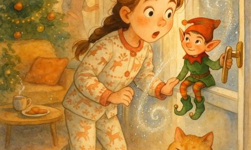 Hoofdpersonage: 10-jarig meisje, verbaasd en verwonderd, grote ogen, rossige wangen, lichtbruin haar in losse vlecht, kerstpyjama met rendiermotief, handen op de raamklink, voorovergebogen; bijpersonage: klein mannelijk elfje (Flik), ondeugend gezicht, lichte blos, groen-rode kleren en rood mutsje, belletjes aan de laarsjes, op de raamklink naast het meisje; bijpersonage: ronde, pluizige kat op het vloerkleed bij de bank, halfgesloten ogen, poot opgetild; bijpersonage: volwassen vrouw (moeder, ~30–40), zachte silhouet, schort, deur van de keuken op een kier, vriendelijke nieuwsgierige blik; locatie: warme kerstwoonkamer met amberkleurig licht, versierde kerstboom links, gezellige bank met kussens, salontafel met koekjes en mok warme chocolade, gordijnen dicht, houten vloer; situatie: zilver- en goudkleurige glitter-“sneeuw” waait naar binnen door het raam, spatten van verf om beweging te suggereren, vonkjes rond het elfje, magische huiselijke sfeer, compositie gefocust op het meisje en het elfje, kruisende blikken en bevroren gebaren.