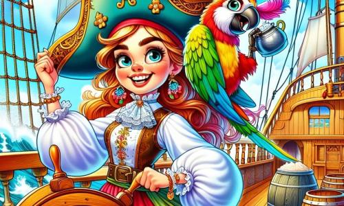 A Capitã Mariana, uma mulher corajosa de cerca de trinta anos, está orgulhosamente no convés do navio Estrela-do-Mar, com um grande chapéu adornado com penas coloridas. Seu rosto brilha com um sorriso determinado, seus olhos radiantes de alegria e emoção. Ela usa uma camisa branca com bordados dourados e uma saia vermelha esvoaçante, enquanto segura firmemente o leme do navio. Ao seu lado, Zeca, um papagaio colorido com penas verdes e amarelas, está empoleirado no mastro, gritando piadas de forma travessa. Mais abaixo, Barba-de-Sabão, um homem jovial de cerca de quarenta anos com uma barba espessa, jongla desajeitadamente com potes de farinha, rindo de sua própria desastrada. A cena acontece no convés de madeira do navio, com velas brancas infladas pelo vento e ondas turquesa salpicando a borda do navio. Ao fundo, um céu azul vibrante está salpicado de nuvens brancas fofas. A situação principal mostra a Capitã Mariana, pronta para navegar em busca de aventura, enquanto o navio corta as ondas com entusiasmo, cercado pela empolgação de sua tripulação e pela promessa de um tesouro a ser descoberto.