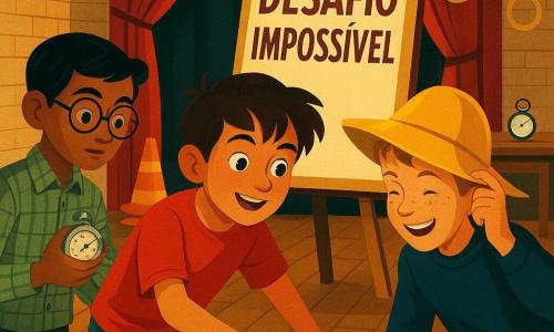 Três meninos de 11 anos: Miguel (rosto redondo, cabelo castanho bagunçado, camiseta vermelha, jeans com um rasgo) no centro apontando para uma grande seta no chão; Ravi (rosto anguloso, pele morena, óculos redondos, camisa xadrez verde) à esquerda, segurando um cronómetro e olhando atentamente para um chapéu de chuva; Tomás (sardento, cabelo loiro curto, sweater azul-marinho) à direita, rindo e tocando a aba do chapéu de chuva amarelo aberto. Cena num ginásio escolar de paredes de tijolo claro e chão de madeira com faixas brancas e uma seta grande em giz rosa fluorescente; ao fundo cortinas vermelhas, cordas penduradas, cones laranja empilhados e uma mesa com um apito branco, um cronómetro e o chapéu de chuva amarelo. Os três descobrem um clube secreto reunidos em torno do chapéu e de um painel que anuncia um “desafio impossível”, atmosfera misteriosa e alegre, luz quente com contrastes art déco para realçar aventura e humor.