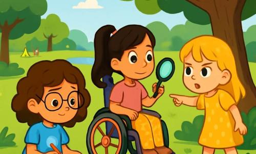 Há 3 personagens: Sofia, uma menina de 8 anos com cabelos cacheados e castanhos, usando óculos redondos, uma camiseta azul com desenho de nuvem e um short jeans, está desenhando em um caderno, sentada na grama; Bia, também de 8 anos, com cabelos lisos e longos presos em um rabo de cavalo, em uma cadeira de rodas colorida, vestindo uma camiseta rosa e calças floridas, observa atentamente com uma lupa na mão; Lara, outra menina de 8 anos com cabelos loiros e franja, vestida com um vestido amarelo de bolinhas, está em pé apontando para uma grande árvore com um olhar determinado. A cena se passa em um parque ensolarado, repleto de vegetação, com árvores majestosas e flores coloridas. As três amigas estão em uma investigação, procurando pistas para encontrar uma pipa azul desaparecida, examinando o chão com expressões concentradas, cercadas por folhas e pequenos objetos brilhantes, prontas para resolver o mistério.