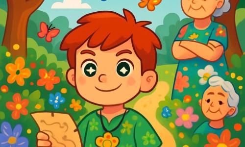 Teo, um garoto de dez anos com olhos brilhantes como estrelas, está no centro de um caminho florido, seu rosto iluminado por uma determinação alegre. Ele usa uma túnica verde decorada com padrões de flores e um amuleto de pétalas douradas ao redor do pescoço, segurando um pequeno mapa do tesouro na mão. Sua avó, uma mulher idosa com cabelos prateados e um sorriso suave, está na entrada do reino, com os braços cruzados, olhando para Teo com orgulho e preocupação. Ela veste um vestido colorido que lembra as flores do jardim. O lugar é um magnífico jardim encantado, repleto de flores vibrantes de todas as cores, com árvores majestosas de troncos retorcidos e borboletas multicoloridas voando ao redor. Ao longe, vê-se um céu azul salpicado de nuvens fofas. Teo se prepara para escolher seu caminho, determinado a encontrar a Chave de Cristal para salvar o Reino das Flores Encantadas, enquanto a magia do lugar parece vibrar ao seu redor, cheia de esperança e aventura.