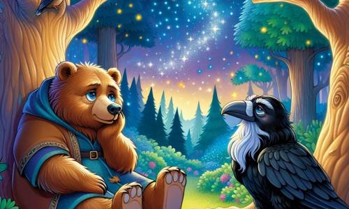 Um urso pardo, chamado Tomé, com pelagem suave e sedosa, sentado sob um grande carvalho, com os olhos brilhantes de tristeza e nostalgia, olha para o céu estrelado. Ao seu lado, um velho corvo negro, chamado Gaspar, com penas brilhantes e um olhar sábio, está pousado em um galho, exibindo uma expressão reconfortante, pronto para ouvir Tomé. O local é uma floresta mágica, banhada em uma luz suave e dourada, com árvores majestosas de folhas verdes vibrantes e um tapete de flores coloridas. A situação principal mostra Tomé compartilhando suas memórias de um amigo perdido, com as estrelas cintilando acima deles, criando uma atmosfera ao mesmo tempo melancólica e cheia de esperança.