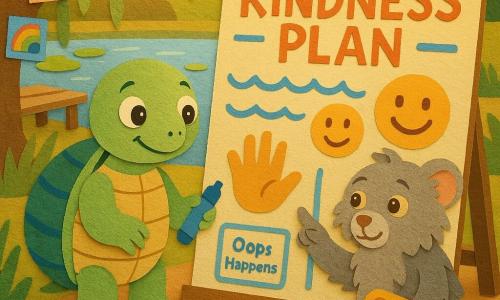 Pebble, a small turtle with round soft eyes and a green shell striped with blue, smiles reassuredly while holding a blueberry-scented blue marker and facing a large colorful poster; Moss, a small gray-furred companion with hazel eyes, sits to Pebble’s right using a talking device with big yellow buttons and points to the poster. In an outdoor classroom by a pond with wooden benches, lily pads and a weeping willow, the two complete a “kindness plan” on the poster—drawn waves, smiles, gestures and a small “Oops Happens” box with a drawn button—rendered in bright colors with cut-paper textures and soft late-afternoon light.