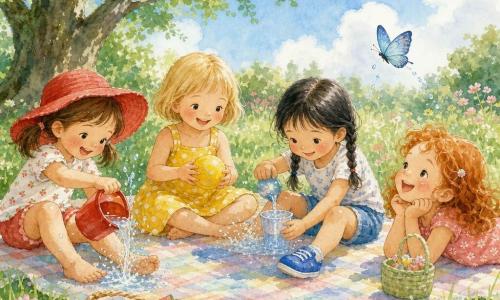 Four 5-year-old girls play on a pastel check picnic blanket in a sunny summer garden: Mia, with brown pigtails and a wide red hat, sits left pouring water from a small red bucket over her feet; Ella, with short blonde hair in a yellow polka-dot dress, sits center-left smiling at a yellow ball; Zoe, with black braided hair, denim shorts and bright blue shoes, sits center-right filling a cup with water; Lily, with curly red hair and a small green basket, lies on the right laughing as she watches a blue butterfly; soft green grass with pink and white wildflowers, a large shady tree, sliced fruit in a small basket beside them, sparkling controlled water splashes, luminous watercolor colors, soft outlines and light artistic splashes around the water motions.