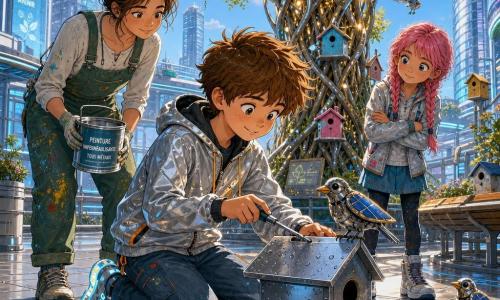 A 10-year-old boy with a round freckled face and short tousled chestnut hair, smiling with hopeful bright eyes, kneeling to repair a small metal birdhouse with a screwdriver, wearing a silver hooded jacket and light-up sneakers; a girl of about 10 with pink hair in two braids, curious expression and crossed hands, standing to his right watching mechanical birds; an adult gardener (woman, ~35) with fair skin and paint-stained green overalls holding a waterproofing paint pot, leaning behind the boy ready to help; setting: a large elevated urban plaza lined with glass towers, metallic paving, curved benches, planters and integrated rails, centered on a woven-trunk 