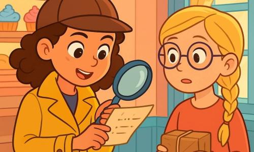 Amelia Sparks, a young detective with curly brown hair and sparkling eyes, stands at the center of the scene, closely examining a mysterious note with a magnifying glass. She wears a bright yellow trench coat and a detective hat, displaying a determined and excited expression. Next to her, Clara, a 12-year-old girl with braided blonde hair and round glasses, watches with a mix of nervousness and hope, holding a small package in her hands. The setting is a charming bakery, with shelves filled with colorful pastries, pastel-painted walls, and windows adorned with floral curtains. The atmosphere is warm and inviting, with golden rays of light filtering through the glass. The main situation shows Amelia discovering the note hidden between the pages of a recipe book, while Clara, visibly anxious, prepares to reveal her secret. The ambiance is filled with mystery and anticipation, with captivating visual details that draw the eye and spark the imagination.