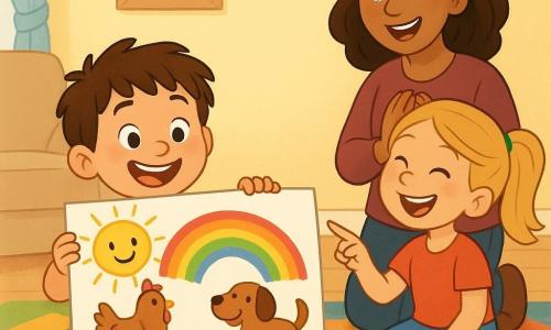 A joyful 4-year-old boy with messy brown hair sits cross-legged holding a large colorful drawing of a smiling sun while his ~6-year-old sister with a blonde ponytail sits beside him laughing and pointing at a rainbow on the picture; their mother in her thirties stands behind them, smiling with hands to her chest, in a warm bright living room with a craft box and scattered supplies and a pastel wall with an empty frame; bright colors, round simple shapes, naive playful style.