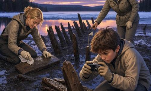A focused 12-year-old boy with tousled brown hair and a slightly anxious expression kneels in dark muddy lakeshore, wearing beige gloves and a dusty beige coat, taking close-up photos with a compact camera—tight framing on his gloved hands and an ancient wooden object; behind him stands Dr. Sayeed, about 45, hair in a bun, calm and professional in a khaki field jacket, gently pointing at a partially buried wooden post with a small survey flag; to the left, Lani, about 28, blonde hair tied back, smiles while carefully brushing a wooden plank wrapped in a wet cloth, knees on the ground and movements slow and precise; the scene at dusk shows tilted rows of wooden posts emerging from the mud, melting ice, dark pines and black reflective water under a purple-orange sky, conveying a cautious, respectful atmosphere focused on wet textures, soft damp light, gloved fingers, camera, the protected plank and survey flags.