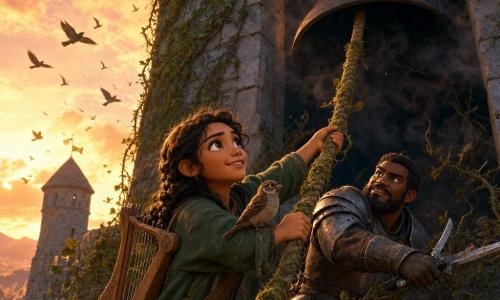 The main character is Elowen, a soft-featured, focused woman with bright, calm courageous eyes; she wears a simple worn green coat, a small light-wood harp on her back, and strains at a thick bell-rope mottled with moss. A secondary character, Sir Bram, a bearded adult man (30–40) with callused hands and dented simple armor, stands behind her cutting thorny vines and helping pull the rope. A small brown sparrow perches on Elowen’s arm, wings folded and alert, watching the high bell. The setting is a tall gray stone wall covered in moss and vines with a square tower and a cracked wooden door, a huge black bell hanging in the frame, orange sunset rays illuminating the scene. The main action shows Elowen and Sir Bram pulling the bell-rope together as vines snap, a smoky shadow begins to dissipate around the bell and birds take flight. Visual style: warm sunset colors, rough stone and cracked wood textures, soft rounded shapes suitable for children, dramatic yet welcoming lighting.