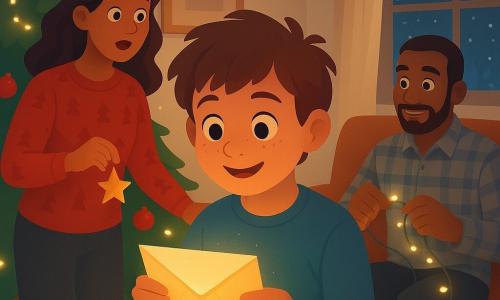 A 10-year-old boy with a round freckled face, tousled brown hair and wide curious eyes smiles, holding a slightly shimmering envelope in his trembling hands near a picture frame; to his left his mother (about 35) with loose brown hair and a red sweater with tree motifs hangs a paper star on the tree and watches in gentle surprise, and to his right his father (about 37) with a short beard and plaid shirt sits on the couch untangling a string of lights with amused eyes; the warm cozy living room has a thick cream rug, a large tree decorated with red and gold baubles and warm fairy lights, a stone fireplace with stockings and a frosted window showing a starry night and falling snow, while a small silver jingle seems to emerge from the wall near the frame and a warm, slightly sparkling envelope has just appeared on the floor, capturing the calm wonder and gentle magic of Christmas.
