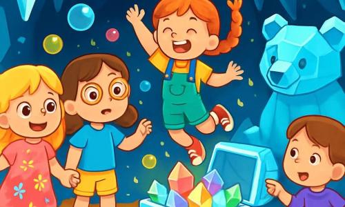 There are 4 children: - Lily: a 6-year-old girl with long blonde hair and sparkling eyes. She wears a pink dress with colorful flowers and smiles joyfully while holding her friends' hands. - Mia: a 6-year-old girl with brown pigtails and round glasses. She is dressed in a blue t-shirt and yellow shorts, looking in wonder at the bubbles floating around them. - Zoe: a 6-year-old girl with red hair in braids. She wears a green overall and red sneakers, bouncing with excitement near the entrance of the Crystal Cave. - Emma: a 6-year-old girl with brown hair in a small ponytail. She is dressed in a purple tunic and pink pants, pointing at the sparkling light of the hidden treasure. The main setting is a beautiful crystal cave, with walls sparkling like diamonds. Shimmering stalactites hang from the ceiling, and the floor is covered in golden dust that glimmers in the light. In the center of the cave, a large crystal chest is open, revealing luminous crystals of all colors, illuminating the space with a soft magical glow. The main situation of the story shows the four friends discovering the magical treasure in the Crystal Cave. They are amazed and smiling, surrounded by colorful bubbles floating around them, while the Crystal Bear watches them kindly, ready to congratulate them for their courage and friendship.