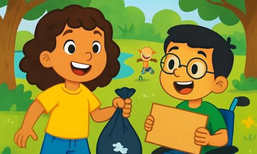 Há 2 personagens principais: Lúcia: uma menina de 7 anos com cabelos cacheados e castanhos, vestindo uma camiseta amarela e um short de jeans. Ela sorri alegremente enquanto segura um saco de lixo em uma mão. Pedro: um menino de 7 anos com cabelos curtos e pretos, sentado em uma cadeira de rodas azul. Ele usa uma camiseta verde e óculos. Ele olha para Lúcia com um grande sorriso, segurando um cartaz de papelão com a inscrição "Este é nosso parque!". O local da situação principal é um parque verdejante, cheio de árvores majestosas com folhas brilhantes. No centro, um lago brilha sob o sol, cercado por flores coloridas. Pássaros cantam nos galhos e crianças brincam alegremente na grama fresca. A situação principal da história mostra Lúcia e Pedro limpando o parque. Lúcia recolhe lixo com entusiasmo, enquanto Pedro incentiva os amigos a se juntarem a eles. A atmosfera é alegre e dinâmica, com risadas e sorrisos, simbolizando a importância de cuidar da natureza juntos.