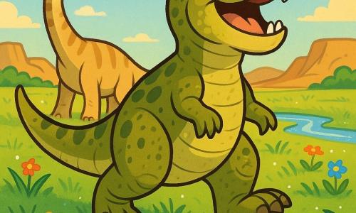 Un Tyrannosaurus Rex mâle grand et trapu, peau écailleuse vert olive tachetée, yeux brillants, expression joyeuse, levant la tête et rugissant doucement, griffes courtes, sourire amical, avançant d’un pas confiant vers une plaine verdoyante après la pluie; un brachiosaure compagnon beige à rayures brunes et long cou se tient derrière à gauche, queue balançante; herbes hautes ondulantes, fleurs colorées et rivières scintillantes reflétant un ciel lumineux, dunes poussiéreuses et rochers ocres à l’horizon; lumière douce de fin d’après-midi, ombres longues, gouttes d’eau sur les feuilles; style graphique aux couleurs saturées, contours propres et textures aquarelle numérique, composition centrée sur le Rex en plan moyen avec le brachiosaure en arrière-plan.
