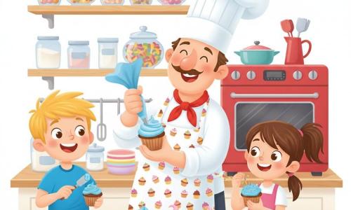 Chef Benny smiling and warm, round face with a thin mustache, tall white hat and colorful apron patterned with cupcakes, holding a blue piping bag and joyfully decorating a cupcake; Mia, about 6, brown hair in a ponytail, pink dress, eyes wide, standing to the right and adding multicolored sprinkles to a cupcake; Leo, about 6, messy blond hair, blue T‑shirt, laughing and spreading blue frosting with a small spatula while seated on a stool to the left; bright, colorful kitchen with light wood counters, clear jars of flour and sugar, shelves of candy jars and a red vintage oven; scene focused on cupcake decorating — thick frostings, swirls, sprinkles and edible confetti, joyful hands and faces, cozy playful atmosphere.