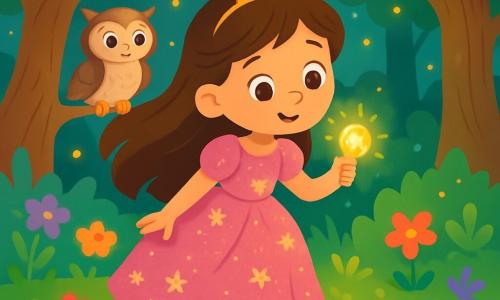Eine Prinzessin namens Lila, etwa 8 Jahre alt, steht am Rand eines klaren Teichs, ihre langen kastanienbraunen Haare wehen im Wind. Sie trägt ein glitzerndes rosa Kleid mit goldenen Blumen und ihr Gesicht drückt Neugier und Staunen aus. Neben ihr sitzt eine kleine Eule namens Luna, mit großen runden Augen und weichen Federn, auf einem Ast und schaut weise zu Lila. Der Ort ist ein verzauberter Wald, in dem große, knorrige Bäume majestätisch aufragen, deren glänzende Blätter sanft im Wind singen. Bunte Blumen bedecken den Boden und Glühwürmchen tanzen in der Luft und erhellen die Szene mit sanftem Licht. Lila hält ein leuchtendes Amulett in der Hand, während sie sich vorbeugt, um ihr Spiegelbild im Wasser zu bewundern, wo ein wunderschönes goldenes Etui am Grund funkelt. Lila und Luna sind von einer magischen Atmosphäre umgeben, voller Geheimnisse und Abenteuer.