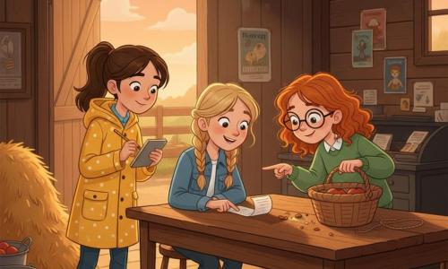 Drie personages: Noor (8) met bruin paardenstaartje, nieuwsgierige ogen, geel gestipt regenjasje, houdt een notitieboekje en potlood, links, kijkt naar de tafel waar de mand stond; Liza (8) met blonde vlecht, ondeugende glimlach, spijkerjack en rode laarzen, zit op een kruk in het midden en wijst met haar wijsvinger naar een bonnetje; Feline (8) met rood krullend haar, ronde bril, groene trui, buigt naar de lege appelmand rechts en wijst op kruimels en een stukje touw. Locatie: warme kleurrijke boerderij met versleten houten tafel op de voorgrond, emmer en vuile laarzen ernaast, schuurwanden met zichtbare planken, gouden hooi op de achtergrond en oranje namiddaglicht dat door een kier in de deur valt. Situatie: de drie kleine speurders onderzoeken een lege appelmand op tafel; er liggen kruimels, een verkreukeld bonnetje en een stukje touw; vriendelijke, nieuwsgierige onderzoekssfeer met geconcentreerde gezichten, warme kleuren, zichtbare hout- en stoftexturen en zacht licht met subtiele schaduwen.