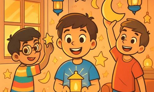 Er zijn 3 personages: - Amir: een 10-jarig jongen met bruin haar en sprankelende ogen. Hij draagt een blauwe t-shirt en een beige short. Hij staat in het midden met een klein, glinsterend magisch licht in zijn handen. - Samir: een 10-jarig jongen met zwart haar en ronde brillen. Hij draagt een kleurrijk gestreept shirt en groene broek. Hij staat links van Amir en plakt papieren sterren op de muur. - Hasan: een 10-jarig jongen met kastanjebruin haar en een stralende glimlach. Hij draagt een rode t-shirt en een spijkerbroek. Hij staat rechts van Amir en houdt een grote papieren maan vast die hij net aan het plafond heeft gehangen. De scène speelt zich af in de gezellige woonkamer van Amir, versierd met kleurrijke slingers, fonkelende lantaarns en glanzend papier. De muren zijn versierd met tekeningen van sterren en manen, en de vloer is bedekt met een zacht en pluizig tapijt. Een groot raam laat het gouden licht van de zonsondergang binnen, wat een magische sfeer creëert. De hoofd situatie toont de drie vrienden die de kamer versieren voor de Ramadan, met stralende glimlachen op hun gezichten. Hun handen zijn bezig met het ophangen van versieringen, terwijl het kleine magische licht in het midden van de scène straalt en hun werk verlicht, wat een vleugje magie toevoegt aan de vrolijke sfeer.