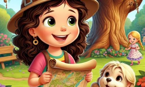 Una niña de 10 años, Ana, con cabello castaño y rizado, lleva una gorra de exploradora y una camiseta colorida. Tiene ojos brillantes de emoción y una gran sonrisa, mientras sostiene un viejo trozo de papel en forma de mapa del tesoro, frente a un gran roble majestuoso. A su lado está su mejor amiga Clara, también de 10 años, con cabello rubio trenzado y un vestido de flores, mirando el mapa con curiosidad, mientras un pequeño perro marrón llamado Max ladra alegremente a sus pies. Al fondo, un parque verde está lleno de flores coloridas, bancos de madera y niños jugando. La escena representa el momento en que Ana y Clara descubren el misterioso tesoro escondido bajo el viejo roble, rodeadas de una atmósfera de aventura y camaradería.