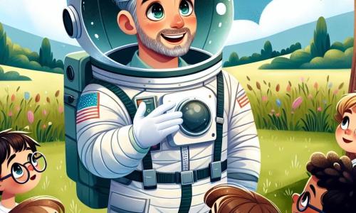Un hombre, el astronauta Hugo, se encuentra en el centro de la imagen, sonriendo con ojos brillantes de emoción. Lleva un traje espacial blanco con detalles de colores, y su casco está ligeramente retirado, revelando su cabello canoso y su rostro cálido. A su alrededor, un grupo de cuatro niños, dos chicos y dos chicas, lo escucha con asombro. Leo, un niño de 8 años con cabello castaño y ojos brillantes, levanta la mano para hacer una pregunta, mientras Ana, una niña de 7 años con trenzas, mira a Hugo con admiración. Sofía, una niña de 9 años con gafas redondas, toma notas en un pequeño cuaderno, y Mateo, un niño de 6 años con una camiseta de planetas, sonríe ampliamente, cautivado por las historias del astronauta. La escena tiene lugar en un campo verde, bajo un gran roble, con un cielo azul claro salpicado de algunas nubes blancas. En el fondo, se ven estrellas brillantes que comienzan a aparecer al atardecer, añadiendo un toque mágico a la atmósfera. Hugo cuenta sus aventuras espaciales a los niños, que están sentados en círculo a su alrededor, con sus rostros iluminados por la curiosidad y el asombro, mientras imaginan las maravillas del espacio.