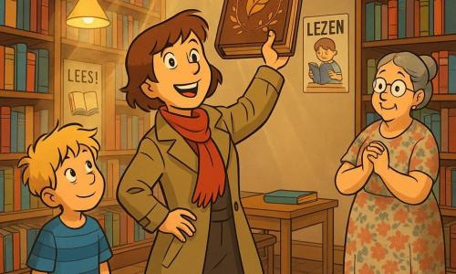 Rechercheur Nora, glimlachend met heldere ogen en kort kastanjebruin haar, draagt een licht kaki mantel en een rode sjaal, triomfantelijk een groot oud bruin boek met gouden bladeren van een donkere houten plank trekkend; jongen Timmy, ongeveer 8 jaar, warrig blond haar en een blauw gestreept T-shirt, kijkt vol bewondering links bij een klein leestafeltje; bibliothecaresse mevrouw Wijngaard, rond de 60, grijs haar in een knot, ronde bril en bloemeneffect jurk, staat rechts met samengevouwen handen, zichtbaar opgelucht en ontroerd; kleine dorpsbibliotheek met warme gele lampen, zichtbare stofdeeltjes en een rood Perzisch tapijt, compositie gericht op de handeling met zachte perspectieven en warme kleuren.