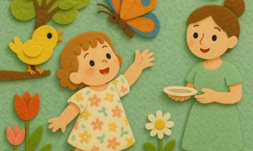Bambina di 2 anni, gioiosa e meravigliata, volto rotondo e capelli corti e ricci castano chiaro, in vestitino floreale pastello e sandali, tende la mano verso una grande farfalla arancione e blu; alla sua destra la madre di circa 30 anni, sorriso dolce, capelli raccolti in uno chignon e abito color menta, la chiama tenendo un piccolo piatto; un pulcino giallo su un ramo basso a sinistra osserva con il becco aperto e una coccinella rossa a puntini neri cammina sull'erba; giardino primaverile luminoso con prato verde dalla texture feltro, tulipani e margherite, un alberello dalle foglie verde tenue e cielo azzurro pallido con sole giallo tondo nell'angolo, atmosfera dolce, colori vivaci e forme semplici in stile feltro.