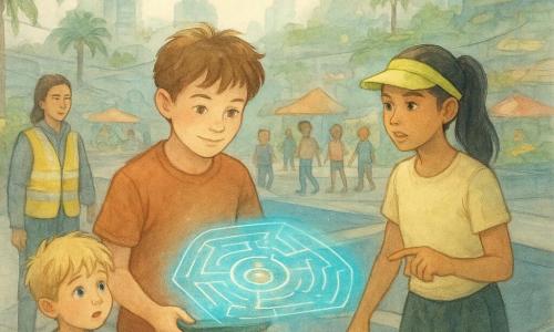 Luca, ragazzo di circa 12 anni, volto rotondo, capelli castano corti e spettinati, sguardo concentrato e sereno, sorride leggermente mentre attiva con un piccolo proiettore piatto un gioco olografico luminoso al centro di una piattaforma triangolare; Nira, ragazza di circa 12 anni, pelle olivastra, capelli neri raccolti con una visiera fluorescente, vivace e attenta, sta accanto a Luca e indica qualcosa sul parapetto; Teo, ragazzo di circa 10 anni, capelli biondi arruffati, sguardo ammirato, tiene al guinzaglio un robot‑cane metallico ed è in fila a sinistra di Luca; una guardiana adulta di circa 35 anni con giacca riflettente, calma e autoritaria, osserva la scena vicino a una navetta; il luogo è una piattaforma triangolare grigia flottante su un bacino scuro, collegata da passerelle trasparenti, con mercati galleggianti, tende colorate, fioriere sospese, palme in vaso, droni in volo e grattacieli verdeggianti sullo sfondo; il gioco olografico sta emergendo con linee e cerchi luce turchese‑oro che formano un labirinto, bambini in fila ordinata e altri che avanzano lentamente all’interno in un’atmosfera di calma condivisa e collaborazione.