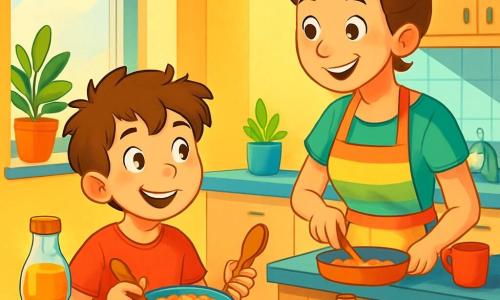 Un niño de 8 años, llamado Mateo, con el cabello castaño desordenado y ojos brillantes de curiosidad, está sentado en la mesa de la cocina. Tiene una sonrisa tímida pero alegre, sosteniendo una cuchara de madera en una mano y un tazón de cereales en la otra. A su lado, su mamá, una mujer de unos treinta años con el cabello castaño recogido en un moño, lleva un delantal colorido y le sonríe cálidamente mientras prepara el desayuno en la encimera. La cocina es luminosa, con paredes amarillas soleadas, una gran ventana que deja entrar la luz de la mañana y plantas verdes en el alféizar. En la mesa hay frutas frescas y tazas coloridas. La escena principal muestra a Mateo y su mamá conversando alegremente sobre sus planes para el día, sin pantallas, rodeados de un ambiente cálido y acogedor.
