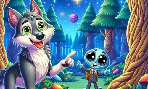 Într-o pădure magică, un lup pe nume Lupo, cu blană gri strălucitoare și ochi verzi plini de curiozitate, stă în centrul scenei, zâmbind cu uimire în timp ce descoperă o mică navetă spațială strălucitoare. Lângă el, un extraterestru pe nume Zorax, cu piele albastră și ochi negri mari și rotunzi, își exprimă bucuria și entuziasmul, arătând spre navetă în timp ce plutește ușor deasupra solului. În fundal, copaci uriași cu trunchiuri noduroase și frunze strălucitoare de culori vii înconjoară scena, în timp ce un cer înstelat se întinde deasupra, presărat cu planete colorate. Situația principală arată întâlnirea dintre Lupo și Zorax pentru prima dată, uimiți de tehnologia extraterestră, pregătiți să trăiască o aventură incredibilă împreună în acest mediu fermecător.