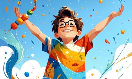 În centrul imaginii, un băiat de 12 ani, Andrei, cu părul brun zbârlit și ochelari rotunzi, zâmbește cu uimire, cu brațele ridicate spre cer. Poartă un tricou colorat cu modele de prăjituri și o pereche de pantaloni scurți albaștri. Lângă el, o frigăruie de prăjituri zburătoare se învârte vesel în jurul lui, creând o atmosferă ludică și magică. La dreapta sa, Maria, o fată de 11 ani cu părul lung și blond, poartă o rochie cu flori și râde cu poftă, cu brațele încrucișate, în timp ce observă prăjiturile din aer. La stânga, Toma, o broască țestoasă cu o pălărie mică de magician, îl privește pe Andrei cu un zâmbet jucăuș, pregătit să-l încurajeze în aventurile sale magice. Scena are loc într-o clasă colorată, cu pereți vopsiți în albastru deschis, afișe educaționale agățate și birouri din lemn în dezordine, pline de cărți și rechizite școlare. Prin fereastră se vede un cer însorit, adăugând o notă de căldură atmosferei. Situația principală îl arată pe Andrei, în mijlocul unei explozii de magie, transformându-și temele în prăjituri zburătoare, în timp ce prietenii săi râd și se distrează în jurul lui, creând o atmosferă de bucurie și nebunie.