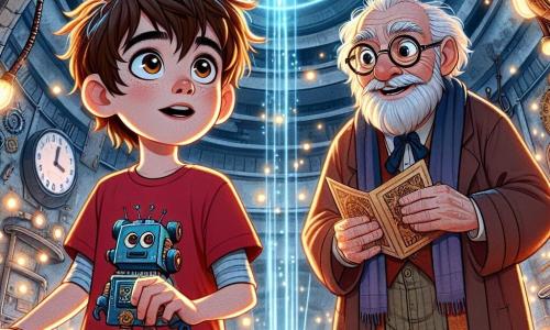 Ein 10-jähriger Junge namens Max steht in der Mitte des Bildes, mit zerzausten braunen Haaren und neugierigen Augen. Er trägt ein rotes T-Shirt mit einem Roboteraufdruck und eine blaue Shorts, und lächelt aufgeregt, während er einen kleinen Spielzeugroboter in einer Hand hält. Neben ihm steht ein älterer Mann, Professor Chronos, etwa 70 Jahre alt, mit einem langen weißen Bart und runden Brillen. Er trägt einen Laborkittel und schaut Max mit einem wohlwollenden Lächeln an, während er in der anderen Hand eine alte Karte hält. Die Szene spielt sich in einem großen, runden Raum ab, gefüllt mit seltsamen Maschinen und funkelnden Lichtern, mit einer riesigen Uhr an der Decke, die rückwärts läuft. Zahnräder und Ziffernblätter schmücken die Wände und schaffen eine magische, geheimnisvolle Atmosphäre. Max und Professor Chronos bereiten sich darauf vor, in eine leuchtende Zeitmaschine einzutreten, die in lebhaften Farben schimmert, während Energiestrahlen um sie herumtanzen. Auf ihren Gesichtern spiegeln sich Aufregung und Vorfreude wider, bereit, ein unglaubliches Abenteuer durch die Zeiten zu erleben.