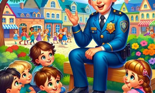 Um policial, o Sargento Almeida, sorridente e bondoso, veste um uniforme azul vibrante com um distintivo brilhante no peito. Ele tem cabelo castanho curto e olhos brilhantes de alegria. Ele está sentado em um banco em uma bela praça, cercado por crianças, contando uma história cativante. Lucas, um garoto de 8 anos com cabelo bagunçado e olhos curiosos, está sentado no chão, ouvindo atentamente. Sofia, uma menina de 7 anos com tranças e um sorriso radiante, está ao seu lado, fascinada pela história. Clara, outra menina de 9 anos, está em pé, com os braços cruzados, ansiosa para fazer uma pergunta. A cena acontece em uma charmosa praça de vila, com árvores verdes, flores coloridas e um céu azul brilhante. Crianças brincam ao redor, criando uma atmosfera alegre. O Sargento Almeida narra uma aventura emocionante em que salvou um cachorro preso em uma árvore, cativando a atenção das crianças com gestos expressivos e um sorriso caloroso.