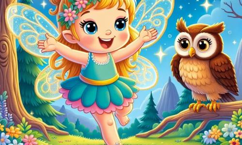 A fairy named Lila, a woman with delicate wings like morning clouds and shiny golden hair, joyfully floats above a sparkling pond. Her eyes sparkle with excitement and determination. Next to her, a wise owl with brown feathers and large round eyes perches on a tree branch, attentively observing the scene. The setting is an enchanted forest filled with colorful flowers, large trees with gnarled trunks, and a pond with crystal-clear waters reflecting the blue sky. The main situation shows Lila gently asking the clouds to let the moon pass while the owl encourages her with a wise look, creating a magical and hopeful atmosphere.