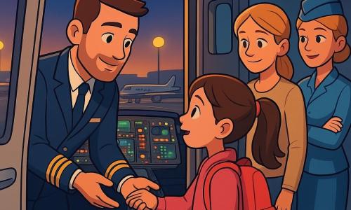 A calm, smiling male pilot with short brown hair, light beard and a navy uniform with gold stripes leans forward, offering his hand to a curious 9-year-old girl with a brown ponytail, large eyes, pink jacket and backpack as she stands at the open airplane door and marvels at the cockpit’s dense dashboard of colorful buttons, green screens and red indicators; her mother, about 35 with tied blond hair and casual clothes, stands just behind with a tender smile and hand on the girl’s shoulder, while a friendly female flight attendant in a light-blue uniform watches with crossed arms; scene at boarding gate B12 at dusk through large windows showing lit runways, yellow lamps and parked silver planes, reflective gray tiled floor and waiting chairs; warm, reassuring lighting contrasts with deep blue sky; style: 3D cel-shaded cartoon, vivid colors, simple volumes, smooth textures, readable warm expressions.