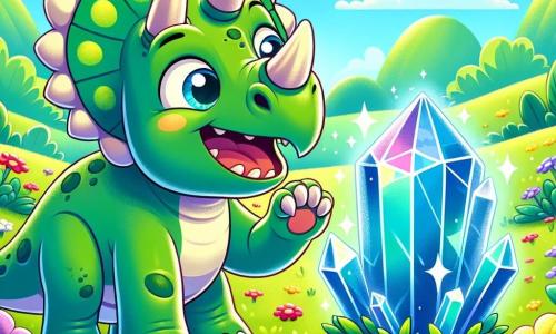 Un tricératops di nome Tico, con una pelle verde brillante e tre maestose corna sulla fronte, sorride felicemente scoprendo un grande cristallo blu scintillante nel mezzo di un giardino colorato. Accanto a lui, il cristallo, luminoso e magico, emette bagliori di luce, come se fosse vivo, e sembra rispondere a Tico con un'espressione amichevole. Il giardino è pieno di fiori multicolori, con farfalle che volano intorno, e sullo sfondo si vedono montagne verdi sotto un cielo azzurro chiaro. Tico sta toccando il cristallo con la zampa, meravigliato dalla sua bellezza, mentre dinosauri curiosi si avvicinano per ammirare il giardino incantevole che non hanno mai visto prima.