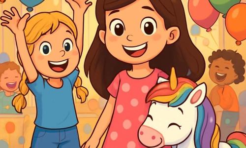 Ci sono 3 personaggi: - Sofia: una ragazza di 10 anni con lunghi capelli castani e occhi brillanti. Indossa un vestito rosa a pois bianchi e un grande sorriso. È al centro dell'immagine, circondata dai suoi amici. - Giulia: una ragazza di 10 anni con capelli biondi intrecciati e occhi blu brillanti. Indossa una maglietta blu e pantaloni di jeans. È accanto a Sofia, alzando le braccia in segno di entusiasmo. - Stella: un piccolo unicorno bianco con una criniera arcobaleno scintillante. È accanto a Sofia, abbassando la testa per farsi accarezzare, con un'espressione amichevole e gioiosa. La scena si svolge in una sala festiva colorata, piena di palloncini multicolori che fluttuano dal soffitto e festoni. Sullo sfondo, un grande tavolo è coperto da una tovaglia a motivi allegri, con una enorme torta al cioccolato decorata con candele scintillanti. I bambini giocano intorno, ridendo e divertendosi. La situazione principale mostra Sofia, Giulia e Stella che celebrano il decimo compleanno di Sofia, circondati da risate e gioia, con lampi di luce e colori vivaci che evocano la magia dell'infanzia.
