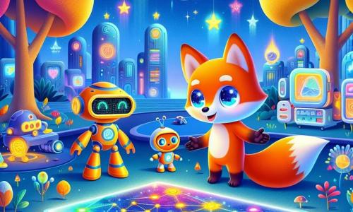 Zippy, un pequeño zorro de pelaje naranja brillante y ojos llenos de curiosidad, se encuentra en el centro de un parque futurista, sonriendo con asombro. Explora un holograma colorido que flota frente a él, con sus pequeñas patas levantadas con emoción. A su lado, Rolo, un robot amigable de formas redondeadas y luces brillantes, observa a Zippy con una sonrisa cálida. Lumi, otro robot, se queda un poco atrás, sosteniendo un gran libro holográfico sobre las estrellas, con una expresión de concentración y alegría. El parque está lleno de plantas luminosas de colores vibrantes, árboles con hojas brillantes y juegos holográficos flotando en el aire. Coches voladores pasan por encima, añadiendo dinamismo al entorno. La escena principal muestra a Zippy descubriendo un holograma de constelación, rodeado de sus amigos robots, todos maravillados por la magia de TechnoCiudad, donde la tecnología y la naturaleza se encuentran en armonía.