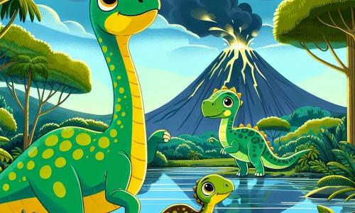 Un diplodocus numit Dimi, cu un gât lung și grațios și o piele verde strălucitoare, stă pe marginea unui lac strălucitor, privirea sa fiind determinată și curajoasă în timp ce se pregătește să-și avertizeze prietenii despre un pericol iminent. Lângă el, fratele său Pogo, un tânăr diplodocus cu solzi galbeni, sare de entuziasm, ochii săi mari și rotunzi strălucind de energie, în timp ce arată spre cer, unde nori întunecați încep să se formeze. În fundal, Dada, mama lor, o diplodocus măreață cu modele de pete maronii, observă cu îngrijorare, pregătită să-și protejeze familia. Decorul este o pădure luxuriantă, cu copaci uriași și frunze verzi, un cer albastru care se transformă încet în gri și un vulcan în depărtare, care scuipă fum, creând o atmosferă atât frumoasă, cât și amenințătoare. Scena arată unitatea lui Dimi și a familiei sale, pregătiți să înfrunte erupția vulcanului, ilustrând curajul și solidaritatea în fața adversității.