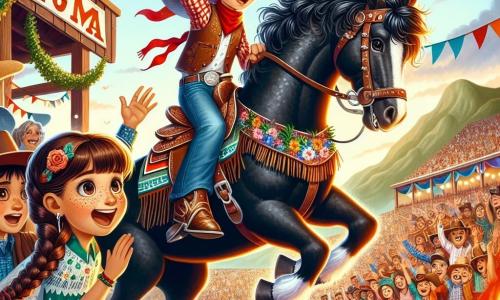 Un tânăr cowboy, Toma, un băiat de aproximativ 10 ani, stă mândru pe calul său Bălan, un cal negru splendid cu o coamă strălucitoare. Toma poartă o pălărie mare de cowboy și o cămașă cu carouri roșii, fața lui radiază de excitare și hotărâre în timp ce se pregătește să sară printr-un cerc înflăcărat în timpul unei competiții de rodeo. Lângă el, Roza, o fetiță de 9 ani cu părul lung și brun împletit, îl încurajează cu un zâmbet mare, cu brațele ridicate în semn de susținere. Ea poartă o rochie colorată și cizme de cowboy. Luca, un băiat de 10 ani cu ochelari și părul zbârlit, stă puțin mai în spate, ținând o pancartă cu numele lui Toma scris în litere colorate, fața lui fiind plină de admirație. Scena are loc într-o arenă de rodeo animată, înconjurată de spectatori entuziaști, cu pancarte fluturând în vânt și munți măreți în fundal sub un cer albastru strălucitor. În centrul arenei, Toma se avântă cu curaj pentru a realiza un salt mare, creând un moment de suspans și magie.