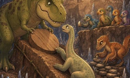 Bront, a gentle, determined Tyrannosaurus rex with olive-green scaly skin and brown spots, gently pushes a wooden disk to help Luma, a small, wide-eyed sauropod sliding down an earthen ramp, while Sira, a copper-feathered velociraptor with bright eyes, crouches on a rock arranging stones with nimble claws; colorful feathered juveniles offer a tiny fossil tooth from a nearby ledge as stalagmites and blue crystals softly reflect light in a vast wet cave decorated with ancient murals, the scene showing a calm, collaborative rescue with improvised ramps, braided vines, stacked stones, floating dust, warm tones and a tender comic-book style.