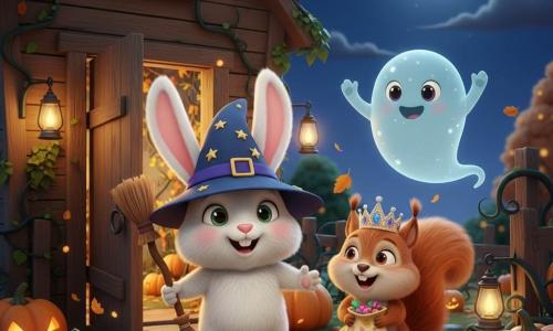 A small anthropomorphic white fluffy rabbit (main character) with drooping ears, a dark blue wizard hat with gold stars and a miniature broom in its paw, joyful and brave expression, big bright eyes and a wide smile, stands foreground before an open wooden door; a small anthropomorphic red squirrel (secondary character) wearing a sparkling princess crown and holding a colorful candy bag, amazed and laughing, crouched to the rabbit's right; a friendly pale blue translucent ghost (secondary) with rounded shape, big round eyes and a kind smile floats near the entrance waving; scene set at an ivy-covered old wooden house with the door ajar, a cluttered garden of dark vines, glowing pumpkins on the ground, swirling orange and gold autumn leaves, oil lamps and string lanterns, a gentle full moon in a deep blue night sky; main action: the two friends step through the open door into a secret garden lit by pumpkins and fireflies, warm, magical, reassuring atmosphere with warm oranges and yellows against deep night blue.