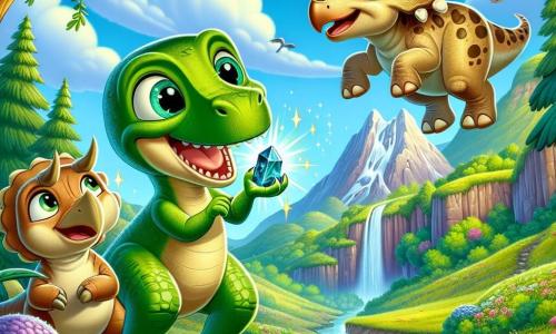 Een blije velociraptor met glanzende groene schubben en sprankelende ogen staat in het midden van de afbeelding, met een oude steen met glinsterende patronen in zijn kleine pootjes, terwijl hij een grote glimlach van opwinding toont. Naast hem kijkt een Triceratops genaamd Trix, met een beige huid en majestueuze hoorns, verwonderd naar de steen, haar grote ronde ogen vol nieuwsgierigheid. Iets verderop springt een andere Triceratops, Tessa, met roze vlekken op haar rug, van blijdschap, met opgetilde poten, terwijl ze de ontdekking van haar vriend bewondert. De achtergrond toont een groene vallei met kleurrijke bloemen en dikke bomen onder een stralende blauwe lucht, waar vogels vrolijk vliegen. Op de achtergrond staat een majestueuze berg die het tafereel overziet, terwijl een glinsterende waterval over de rotsen stroomt en een magische sfeer creëert. De hoofdscène toont de velociraptor en zijn vrienden die de mysterieuze steen ontdekken die schittert in het licht, omringd door de schoonheid van de natuur, klaar om samen een ongelooflijk avontuur te beleven.