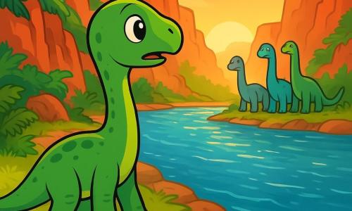 Ein junger Diplodocus namens Diplo, mit einem langen, eleganten Hals und einer leuchtend grünen Haut, steht am Ufer eines breiten, glitzernden Flusses. Seine großen, neugierigen Augen strahlen vor Aufregung und Entschlossenheit. Er blickt in die Ferne, wo seine Familie am anderen Ufer steht, Diplodocus in verschiedenen Grüntönen und Blau, alle mit besorgten, aber auch hoffnungsvollen Gesichtsausdrücken. Die Landschaft wird von majestätischen roten Klippen dominiert, durchzogen von üppigen Farnen und funkelnden Kristallen, die das Licht der untergehenden Sonne reflektieren. Diplo, bereit den Fluss zu überqueren, um seine Familie zu finden, zeigt eine mutige Haltung, mit seinem Körper leicht nach vorne geneigt, bereit ins Wasser zu tauchen.