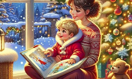 Un niño pequeño de un año, con cabello rubio y ojos brillantes, está sentado en el suelo, rodeado de copos de nieve que caen suavemente. Lleva un traje de nieve rojo brillante y su rostro expresa una inmensa alegría mientras mira por la ventana, maravillado por la belleza del invierno. Su mamá, una mujer de unos 30 años, con cabello castaño y rizado, está a su lado. Sonríe tiernamente, sosteniendo un gran libro ilustrado sobre las leyendas del invierno, sentada en un cojín suave, creando una atmósfera cálida. La escena se desarrolla en una sala de estar cómoda, con un gran árbol de Navidad decorado con guirnaldas brillantes y bolas de colores. La luz suave de una lámpara crea un ambiente acogedor, mientras la nieve cubre el jardín exterior, transformando el paisaje en un verdadero cuento de hadas invernal. El niño y su mamá comparten un momento mágico descubriendo juntos las historias del invierno, rodeados de la belleza de la nieve y del amor familiar.