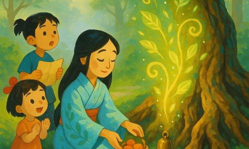 La figura central es Aiko, de rostro dulce y ojos brillantes, emocionada y serena, arrodillada ante un pino milenario con un kimono azul claro y dejando una pequeña cesta de frutas y una campanilla de bronce. A la izquierda, un niño de unos 8 años con coleta y un pergamino envejecido observa asombrado y una niña de unos 6, con cabello corto y lazo rojo, aplaude suavemente; del tronco surge el espíritu del bosque como una luz verde y dorada entre las raíces. El lugar es la base del gran pino con raíces nudosas y musgo, piedras con líquenes y rayos de sol dorado en bruma matinal; la escena transmite un momento de calma mágica y calidez.
