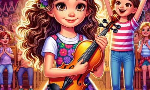 Una niña de 12 años, Lucía, está en un escenario de madera con su violín en la mano. Tiene el cabello largo y ondulado, ojos llenos de determinación y una sonrisa radiante. Lleva un vestido colorido con estampados florales, y su rostro refleja alegría y un poco de nerviosismo. A su lado, su mejor amiga Clara, también de 12 años, tiene el cabello corto y rubio, y lleva una camiseta a rayas. Clara la anima con una gran sonrisa y los brazos levantados en señal de apoyo. La escena transcurre en un auditorio luminoso, lleno de sillas de madera, con guirnaldas de colores brillantes colgadas del techo. El público, compuesto por niños y padres, aplaude con entusiasmo, creando una atmósfera cálida y alegre. Lucía, lista para tocar, cierra los ojos un instante para concentrarse, mientras los rayos de luz destacan su rostro y su violín. Es un momento de valentía y confianza en sí misma, donde se prepara para compartir su pasión por la música con el mundo.