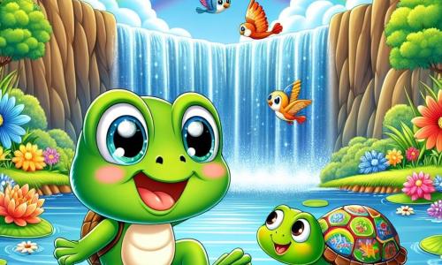 Eine kleine grüne Frosch mit großen, funkelnden Augen und einem breiten Lächeln hüpft fröhlich am Rand eines wunderschönen Teiches, umgeben von bunten Blumen und Seerosen. Neben ihr sitzt eine braune Schildkröte mit einem bunten, gemusterten Panzer und zeigt einen amüsierten und überraschten Gesichtsausdruck, während sie dem tanzenden Frosch zusieht. Im Hintergrund glitzert ein großer, majestätischer Wasserfall in der Sonne und erzeugt einen Regenbogen in der Luft, während bunte Vögel herumschwirren und der Szene einen Hauch von Magie verleihen. Der energiegeladene Frosch versucht, die Aufmerksamkeit der Schildkröte zu erregen, um sie zum Tanzen einzuladen, was eine fröhliche und verspielte Atmosphäre schafft.