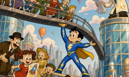 Giovane eroe, sguardo determinato e benevolo, costume blu brillante con fulmini dorati scintillanti e corta mantella che ondeggia, al centro di un ponte aereo metallico che si piega, braccio teso per sostenere la passerella mentre con l'altro guida la gente; uomo adulto (Professor Zeta, 50–60 anni), volto rugoso e capelli bianchi scompigliati, camice bianca macchiata di scie luminose, sul tetto di un grattacielo a destra con aria preoccupata e piani stropicciati in mano; bambina di 7 anni con codini e vestito rosso, occhi grandi e riconoscenti, tiene un disegno colorato e scende le scale all'imbocco del ponte aiutata da altri passanti; gruppo di passanti vari (adulti e bambini) con volti impauriti poi sollevati, abiti colorati, alcuni aggrappati alle balaustre mentre scendono verso la strada; ambientazione: grande città luminosa chiamata Solaria, due grattacieli di vetro collegati da un ponte inclinato, cielo pastello con nuvole soffici e palloncini, insegne luminose e edifici dalle forme arrotondate; scena tesa ma luminosa con forte contrasto tra il blu elettrico del costume e i toni caldi dei passanti.
