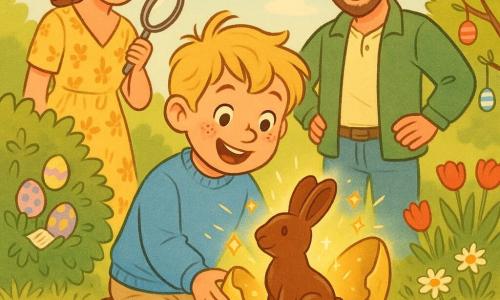 Een 6-jarige jongen, gelukkig en vol ontzag, knielt in het gras met warrig blond haar en sproeten, draagt een hemelsblauwe trui en beige broek en houdt een groot gouden ei dat opengaat en een glanzend chocoladekonijntje onthult; een glimlachende moeder van circa 30, kastanjebruin haar in een staart en een gele jurk met bloemen, staat links achter hem met een vergrootglas en kijkt teder; een vader van circa 35 met lichte baard en groene jas staat rechts met de handen in de zij en lacht trots; zonnige tuin met groen gazon, kleurrijke bloemen (rode tulpen, witte madeliefjes), een struik met verstopte beschilderde eieren en een klein boompje met enkele hangende eieren; het gouden ei gaat precies open met kleine gouden vonkjes, meerdere beschilderde eieren verspreid in het gras en piepkleine briefjes op sommige eieren, warme ochtendlicht, felle kleuren, zachte contouren en een vrolijke, geruststellende sfeer.